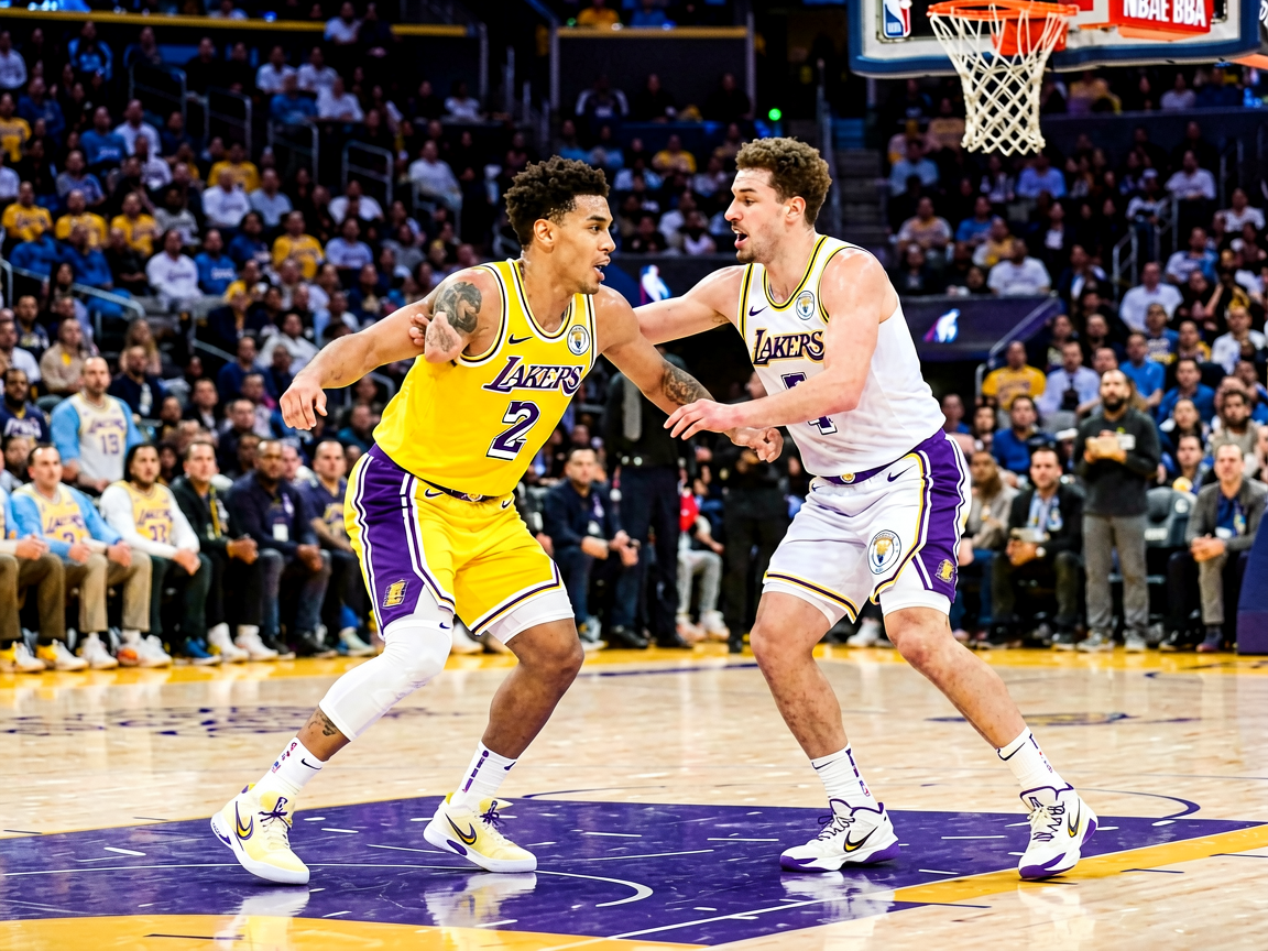 NBA季后赛湖人队比赛现场，球员在球场上激烈对抗
