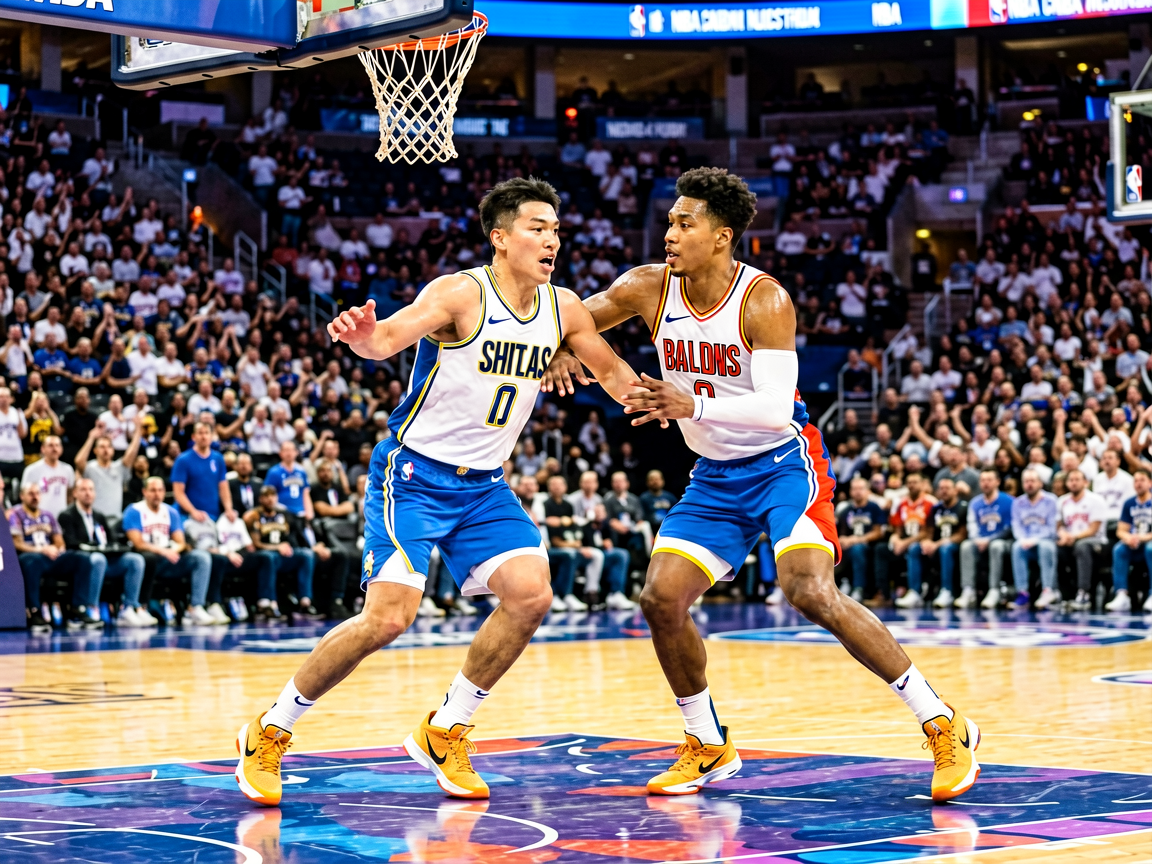NBA篮球比赛现场，球员在球场上激烈对抗的精彩画面