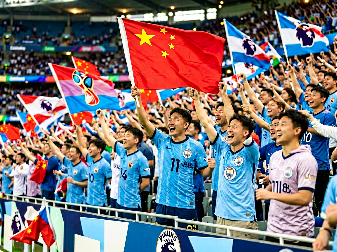 世界杯预选赛赛场，球迷在看台上挥舞国旗为国家队加油